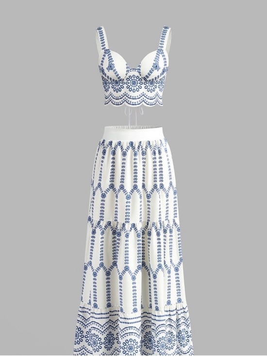 Commense Dresses & Skirts - Commense White & Blue Embroidered Two-Piece Maxi Skirt Set